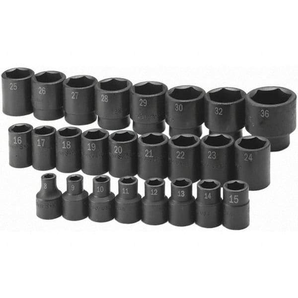 SK - 1/2" Drive Standard Impact Socket Set - 8 to 36mm, Metric Measurement Standard - Industrial Tool & Supply