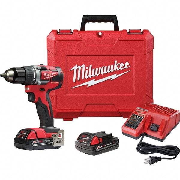 Milwaukee Tool - 18 Volt 1/2" Chuck Pistol Grip Handle Cordless Drill - 0-1800 RPM, Single-Sleeve Ratcheting Chuck, Reversible, 2 Lithium-Ion Batteries Included - Industrial Tool & Supply