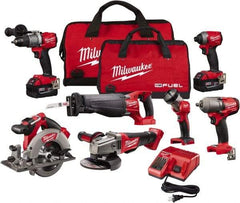 Milwaukee Tool - 18 Volt Cordless Tool Combination Kit - Includes Hammer Drill, Impact Driver, Reciprocating Saw, Circular Saw, Grinder, Work Light & 1/2" Impact Wrench, Lithium-Ion Battery Included - Industrial Tool & Supply