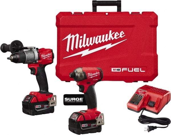 Milwaukee Tool - 18 Volt Cordless Tool Combination Kit - Includes Hammer Drill & 1/4" Hex Impact Driver, Lithium-Ion Battery Included - Industrial Tool & Supply