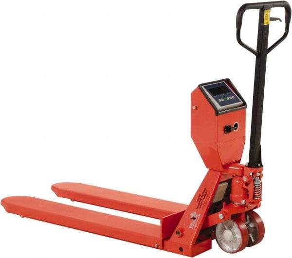 Vestil - 5,000 Lb Capacity, 7-1/2" Lift Scale Pallet Truck - 3" Min Lift Height, 48" Fork Length x 22-3/8" Fork Width, 22-1/2" Overall Width - Industrial Tool & Supply