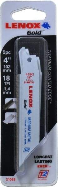 Lenox - 4" Long x 3/4" Thick, Bi-Metal Reciprocating Saw Blade - Tapered Profile, 18 TPI, Toothed Edge, Universal Shank - Industrial Tool & Supply