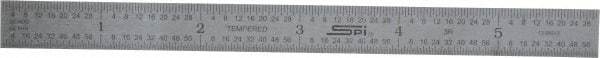 SPI - 6" Long, 1/64, 1/50, 1/32, 1/10" Graduation, Flexible Steel Rule - 3R Graduation Style, 1/2" Wide, Silver, Satin Chrome Finish - Industrial Tool & Supply