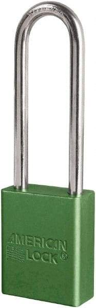 American Lock - Keyed Different Conductive Lockout Padlock - 3" Shackle Clearance, 1/4" Shackle Diam, 1.8" Body Height x 3/4" Body Width, Green, 6 Pins - Industrial Tool & Supply