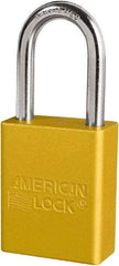 American Lock - Keyed Different Conductive Lockout Padlock - 1-1/2" Shackle Clearance, 1/4" Shackle Diam, 1.8" Body Height x 3/4" Body Width, Yellow, 6 Pins - Industrial Tool & Supply
