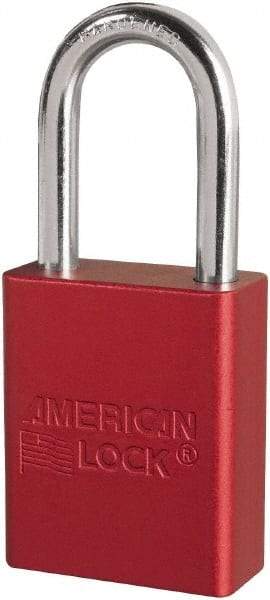 American Lock - Keyed Different Conductive Lockout Padlock - 1-1/2" Shackle Clearance, 1/4" Shackle Diam, 1.8" Body Height x 3/4" Body Width, Red, 6 Pins - Industrial Tool & Supply