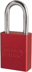 American Lock - Keyed Different Conductive Lockout Padlock - 1-1/2" Shackle Clearance, 1/4" Shackle Diam, 1.8" Body Height x 3/4" Body Width, Red, 6 Pins - Industrial Tool & Supply