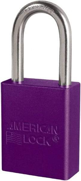 American Lock - Keyed Different Conductive Lockout Padlock - 1-1/2" Shackle Clearance, 1/4" Shackle Diam, 1.8" Body Height x 3/4" Body Width, Purple, 6 Pins - Industrial Tool & Supply