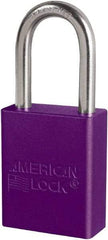 American Lock - Keyed Different Conductive Lockout Padlock - 1-1/2" Shackle Clearance, 1/4" Shackle Diam, 1.8" Body Height x 3/4" Body Width, Purple, 6 Pins - Industrial Tool & Supply