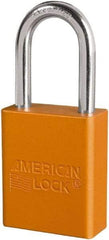 American Lock - Keyed Different Conductive Lockout Padlock - 1-1/2" Shackle Clearance, 1/4" Shackle Diam, 1.8" Body Height x 3/4" Body Width, Orange, 6 Pins - Industrial Tool & Supply