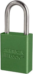 American Lock - Keyed Different Conductive Lockout Padlock - 1-1/2" Shackle Clearance, 1/4" Shackle Diam, 1.8" Body Height x 3/4" Body Width, Green, 6 Pins - Industrial Tool & Supply