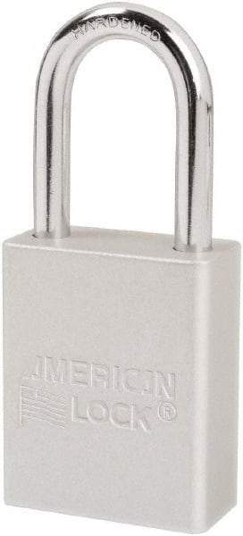 American Lock - Keyed Different Conductive Lockout Padlock - 1-1/2" Shackle Clearance, 1/4" Shackle Diam, 1.8" Body Height x 1-1/2" Body Width, Silver, 6 Pins - Industrial Tool & Supply