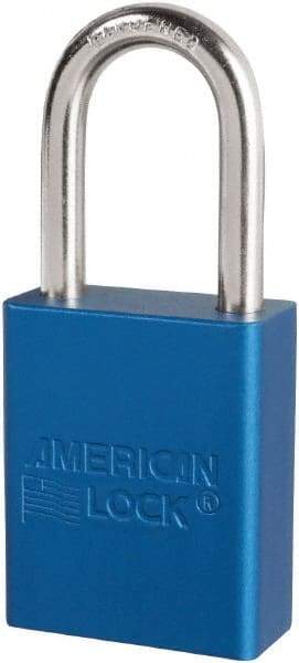 American Lock - Keyed Different Conductive Lockout Padlock - 1-1/2" Shackle Clearance, 1/4" Shackle Diam, 1.8" Body Height x 3/4" Body Width, Blue, 6 Pins - Industrial Tool & Supply