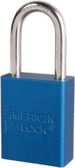 American Lock - Keyed Different Conductive Lockout Padlock - 1-1/2" Shackle Clearance, 1/4" Shackle Diam, 1.8" Body Height x 3/4" Body Width, Blue, 6 Pins - Industrial Tool & Supply
