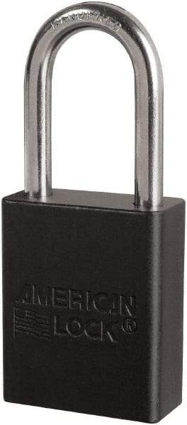 American Lock - Keyed Different Conductive Lockout Padlock - 1-1/2" Shackle Clearance, 1/4" Shackle Diam, 1.8" Body Height x 3/4" Body Width, Black, 6 Pins - Industrial Tool & Supply