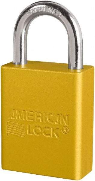American Lock - Keyed Different Conductive Lockout Padlock - 1" Shackle Clearance, 1/4" Shackle Diam, 1.8" Body Height x 3/4" Body Width, Yellow, 6 Pins - Industrial Tool & Supply