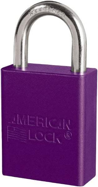 American Lock - Keyed Different Conductive Lockout Padlock - 1" Shackle Clearance, 1/4" Shackle Diam, 1.8" Body Height x 3/4" Body Width, Purple, 6 Pins - Industrial Tool & Supply