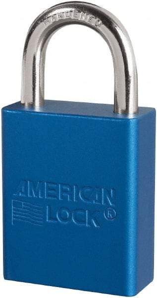 American Lock - Keyed Different Conductive Lockout Padlock - 1" Shackle Clearance, 1/4" Shackle Diam, 1.8" Body Height x 3/4" Body Width, Blue, 6 Pins - Industrial Tool & Supply