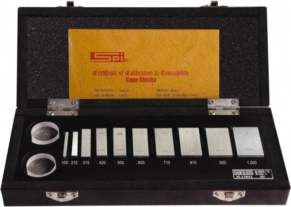 SPI - 10 Piece, 0.105 to 1", Grade AS-1, Steel Gage Block Set - Rectangular, 0.000012" Tolerance - Industrial Tool & Supply