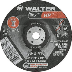 WALTER Surface Technologies - 24 Grit, 4" Wheel Diam, 1/4" Wheel Thickness, 3/8" Arbor Hole, Type 27 Depressed Center Wheel - Aluminum Oxide, Resinoid Bond, 15,000 Max RPM - Industrial Tool & Supply