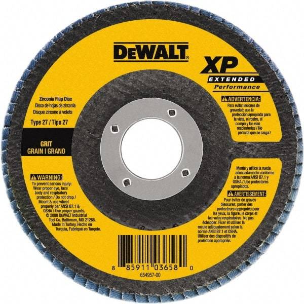 DeWALT - 40 Grit, 5" Disc Diam, 7/8" Center Hole, Type 27 Zirconia Alumina Flap Disc - 12,200 Max RPM, Cloth Backing, Arbor Attaching System, Coated - Industrial Tool & Supply