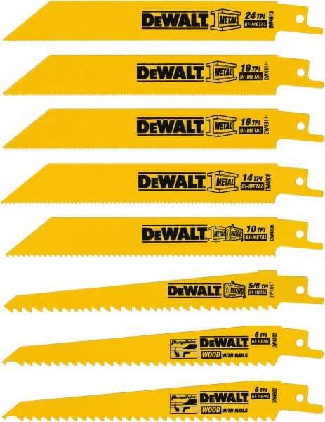 DeWALT - 8 Pieces, 4" to 6" Long x 0.04" Thickness, Bi-Metal Reciprocating Saw Blade Set - Straight Profile, 4 to 24 Teeth, Toothed Edge - Industrial Tool & Supply