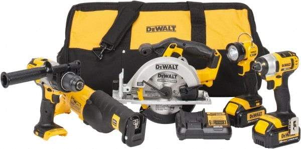 DeWALT - 5 Piece 20 Volt Cordless Tool Combination Kit - Includes 1/2" Hammerdrill, 1/4" Impact Driver, Reciprocating Saw, 6-1/2" Circular Saw & LED Worklight, Lithium-Ion Battery Included - Industrial Tool & Supply