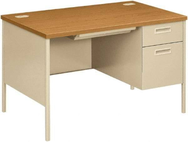 Hon - Laminate/Metal Right Pedestal Desk with Center Drawer - 48" Wide x 30" Deep x 29" High, Harvest/Putty - Industrial Tool & Supply