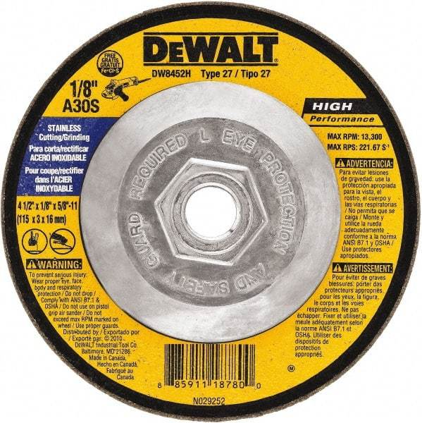 DeWALT - 30 Grit, 4-1/2" Wheel Diam, 1/8" Wheel Thickness, Type 27 Depressed Center Wheel - Aluminum Oxide, 13,300 Max RPM, Compatible with Angle Grinder - Industrial Tool & Supply