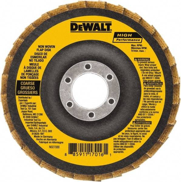 DeWALT - 40 Grit, 4-1/2" Disc Diam, 5/8-11 Center Hole, Type 27 Aluminum Oxide Flap Disc - 13,300 Max RPM, Fiberglass Backing, Arbor Attaching System, Non-Woven - Industrial Tool & Supply