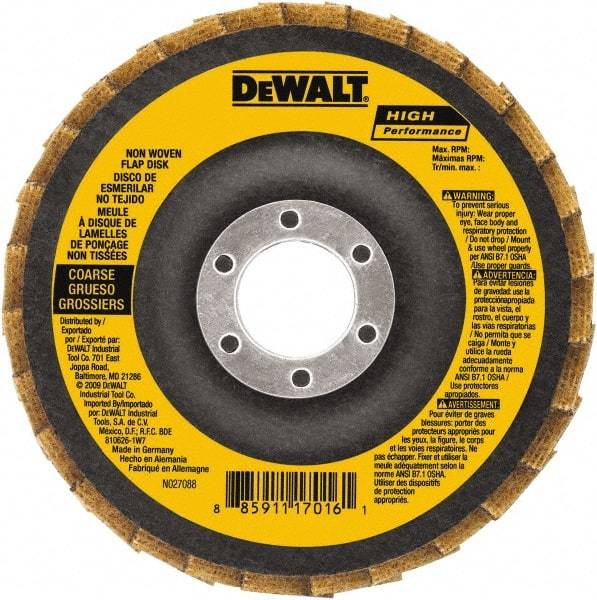 DeWALT - 4-1/2" Disc Diam, 7/8" Center Hole, Type 27 Aluminum Oxide Flap Disc - 13,300 Max RPM, Fiberglass Backing, Arbor Attaching System, Non-Woven - Industrial Tool & Supply