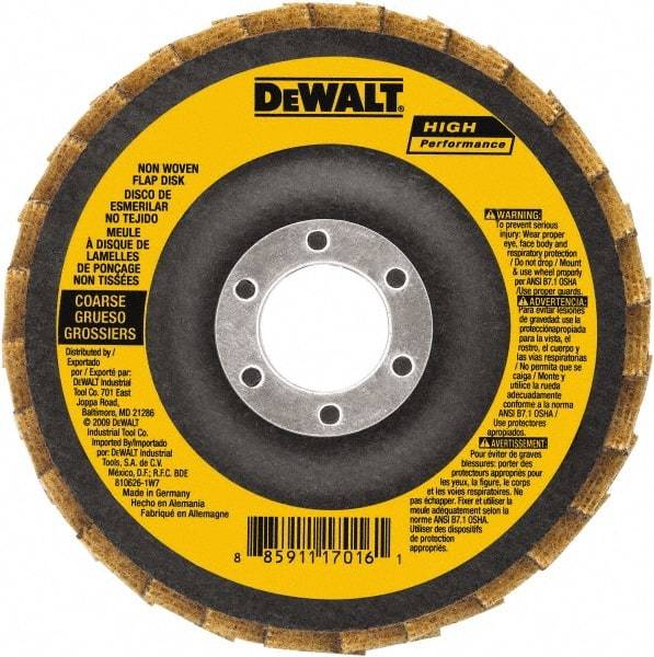 DeWALT - 100 Grit, 4-1/2" Disc Diam, 7/8" Center Hole, Type 27 Aluminum Oxide Flap Disc - 13,300 Max RPM, Fiberglass Backing, Arbor Attaching System, Non-Woven - Industrial Tool & Supply