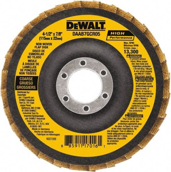 DeWALT - 40 Grit, 4-1/2" Disc Diam, 7/8" Center Hole, Type 27 Aluminum Oxide Flap Disc - 13,300 Max RPM, Fiberglass Backing, Arbor Attaching System, Non-Woven - Industrial Tool & Supply