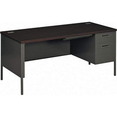 Hon - Plastic Laminated Top Single Pedestal with Right Hand Return Desk with Center Drawer - 66" Wide x 30" Deep x 29-1/2" High, Mahogany/Charcoal - Industrial Tool & Supply