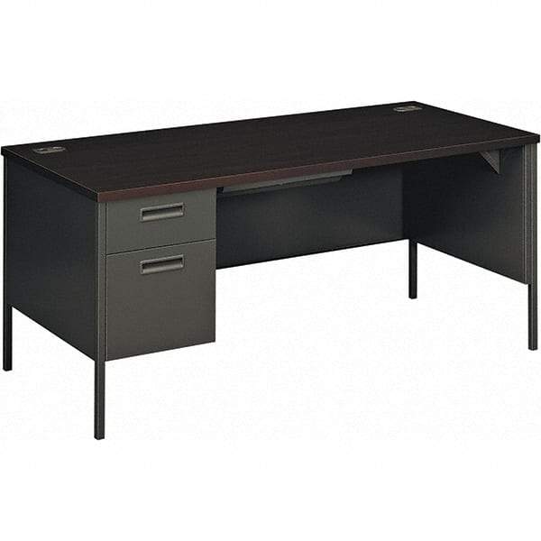 Hon - Plastic Laminated Top Single Pedestal Desk with Center Drawer - 66" Wide x 30" Deep x 29-1/2" High, Mahogany/Charcoal - Industrial Tool & Supply