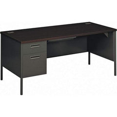 Hon - Plastic Laminated Top Single Pedestal Desk with Center Drawer - 66" Wide x 30" Deep x 29-1/2" High, Mahogany/Charcoal - Industrial Tool & Supply