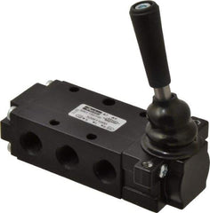 Parker - 0.83 CV Rate, 1/4" NPT Inlet Direct Air 4 Mechanical Spool Valve - 4 Way, 2 Position, 150 Max psi, Lever Spring Return - Industrial Tool & Supply