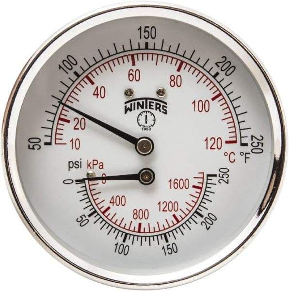 Winters - 3" Dial, 1/2 Thread, 0-250 Scale Range, Pressure Gauge - Center Back Connection Mount, Accurate to 0.03% of Scale - Industrial Tool & Supply