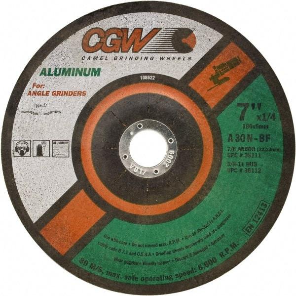 Camel Grinding Wheels - 30 Grit, 5" Wheel Diam, 1/4" Wheel Thickness, Type 27 Depressed Center Wheel - Medium Grade, Aluminum Oxide, Resinoid Bond, 12,250 Max RPM - Industrial Tool & Supply