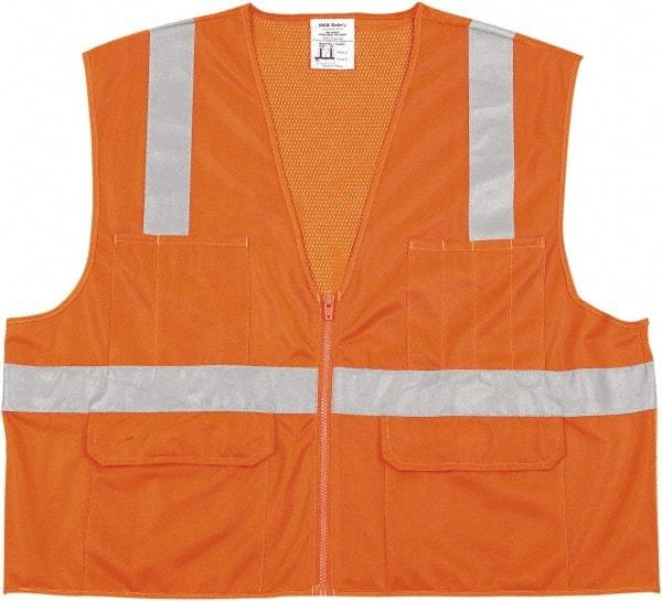 MCR Safety - Size L High Visibility Orange Mesh/Solid General Purpose Vest - 24.4" Chest, ANSI 107-2015, Nonconductive Zipper Closure, 6 Pockets, Polyester - Industrial Tool & Supply