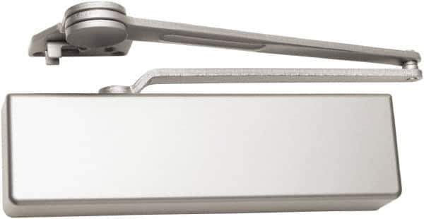 Falcon - 54" Door Width, 13-5/8" Closer Body Length, Heavy-Duty Door Closer to Full Cover to Dead Stop Arm Manual Damper - Aluminum Finish - Industrial Tool & Supply