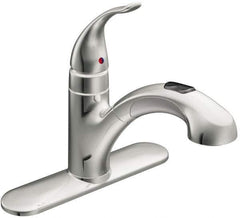 Moen - 3 Hole Mount, Low Arc Commercial Faucet - One Handle, Pull Lever Handle, Pullout Spout, No Drain - Industrial Tool & Supply