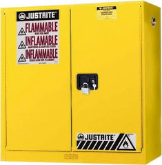 Justrite - 2 Door, 3 Shelf, Yellow Steel Wall Mount Safety Cabinet for Flammable and Combustible Liquids - 44" High x 43" Wide x 12" Deep, Manual Closing Door, 20 Gal Capacity - Industrial Tool & Supply