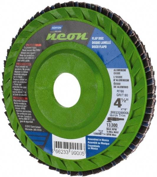 Norton - 60 Grit, 4-1/2" Disc Diam, 7/8" Center Hole, Type 27 Ceramic Alumina Flap Disc - 13,300 Max RPM, Polyester Backing, Arbor Attaching System, Coated - Industrial Tool & Supply