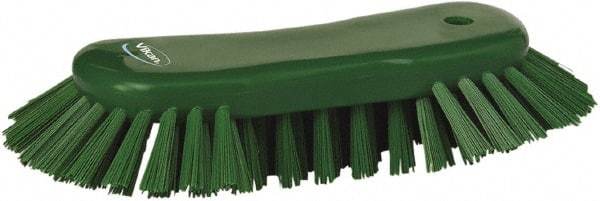 Vikan - 1.3" Bristle Length, Polyester Utility Scrub Brush - 7-3/4" Long x 3" Wide Head, 8" OAL, European Threaded Handle, Green, Polypropylene Block - Industrial Tool & Supply