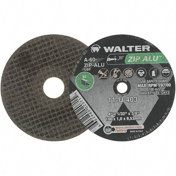 WALTER Surface Technologies - 4" 60 Grit Aluminum Oxide Cutoff Wheel - 1/32" Thick, 3/8" Arbor, 19,100 Max RPM, Use with Angle Grinders - Industrial Tool & Supply