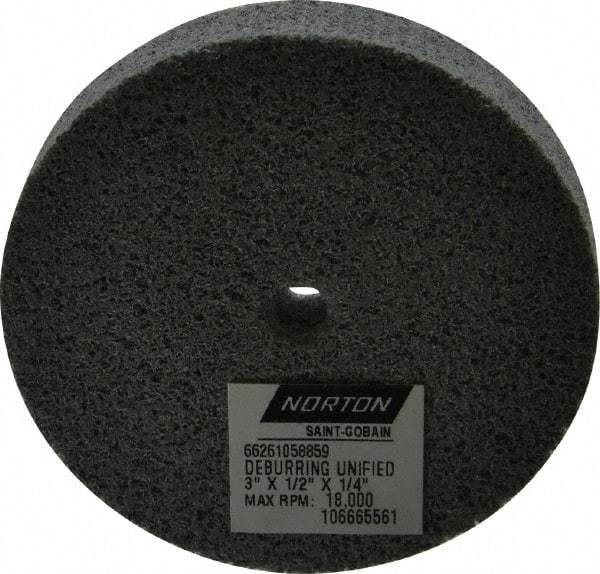 Norton - 3" Diam, 1/2" Face Width, 1/4" Center Hole, Very Fine Grade, Silicon Carbide Deburring Wheel - Unitized, Medium Grade, 18,000 RPM - Industrial Tool & Supply