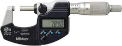 Mitutoyo - 0.0001 Inch Resolution, Standard Throat, Electronic Outside Micrometer - Includes Stand - Industrial Tool & Supply