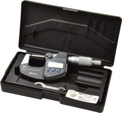 Mitutoyo - 0 to 25 mm Range, 0.001 mm Resolution, Standard Throat, IP65 Electronic Outside Micrometer - 0.001 Inch Accuracy, Ratchet Stop Thimble, Carbide Face, SR44 Battery, Data Output, Plastic Case, Includes NIST Traceable Certification of Inspection - Industrial Tool & Supply