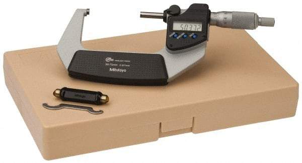 Mitutoyo - 50 to 75 mm Range, 0.001 mm Resolution, Standard Throat, IP65 Electronic Outside Micrometer - 0.001 Inch Accuracy, Ratchet Stop Thimble, Carbide Face, SR44 Battery, Data Output, Plastic Case, Includes NIST Traceable Certification of Inspection - Industrial Tool & Supply
